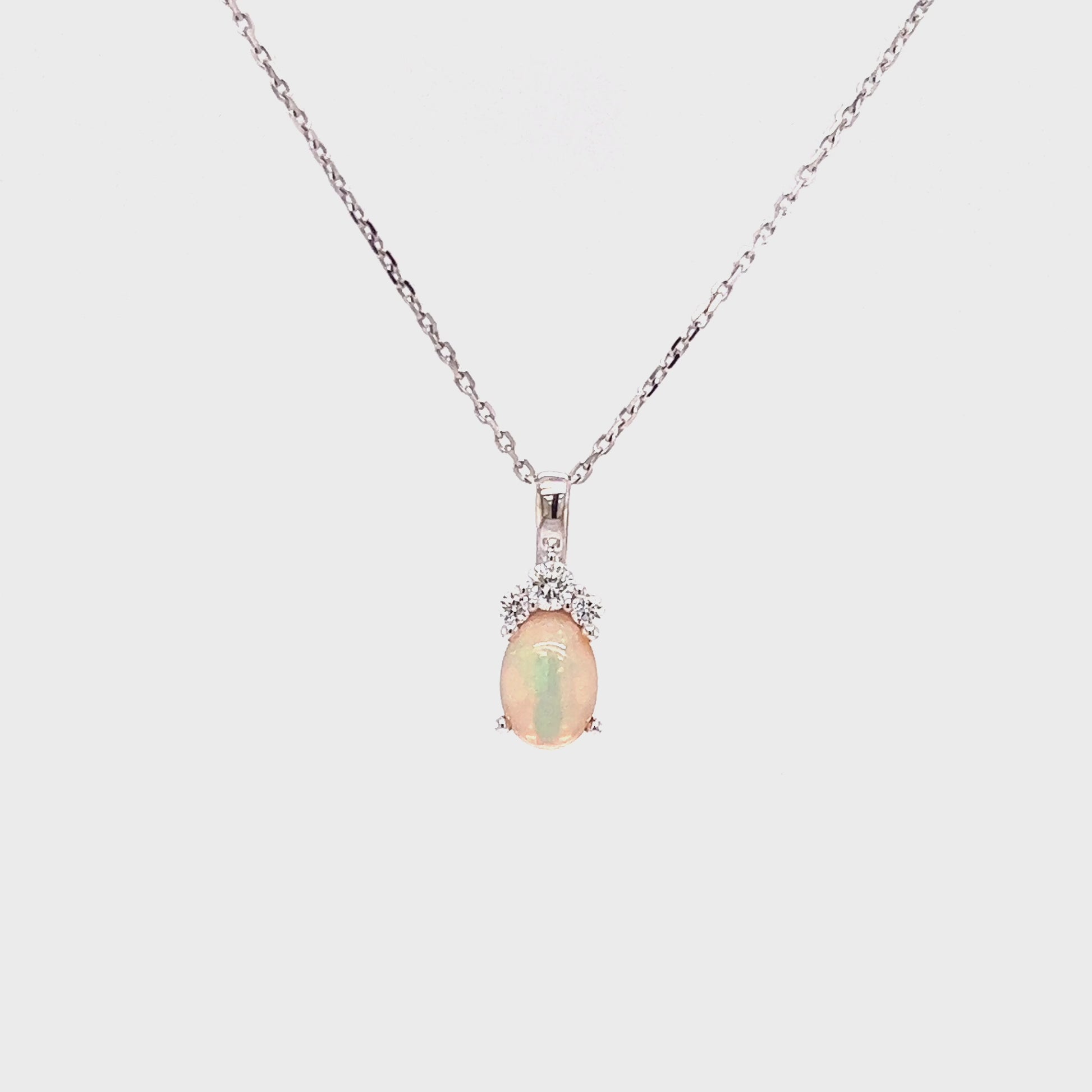 Ethiopian White Opal Pendant with Three Diamonds in 14K White Gold Video