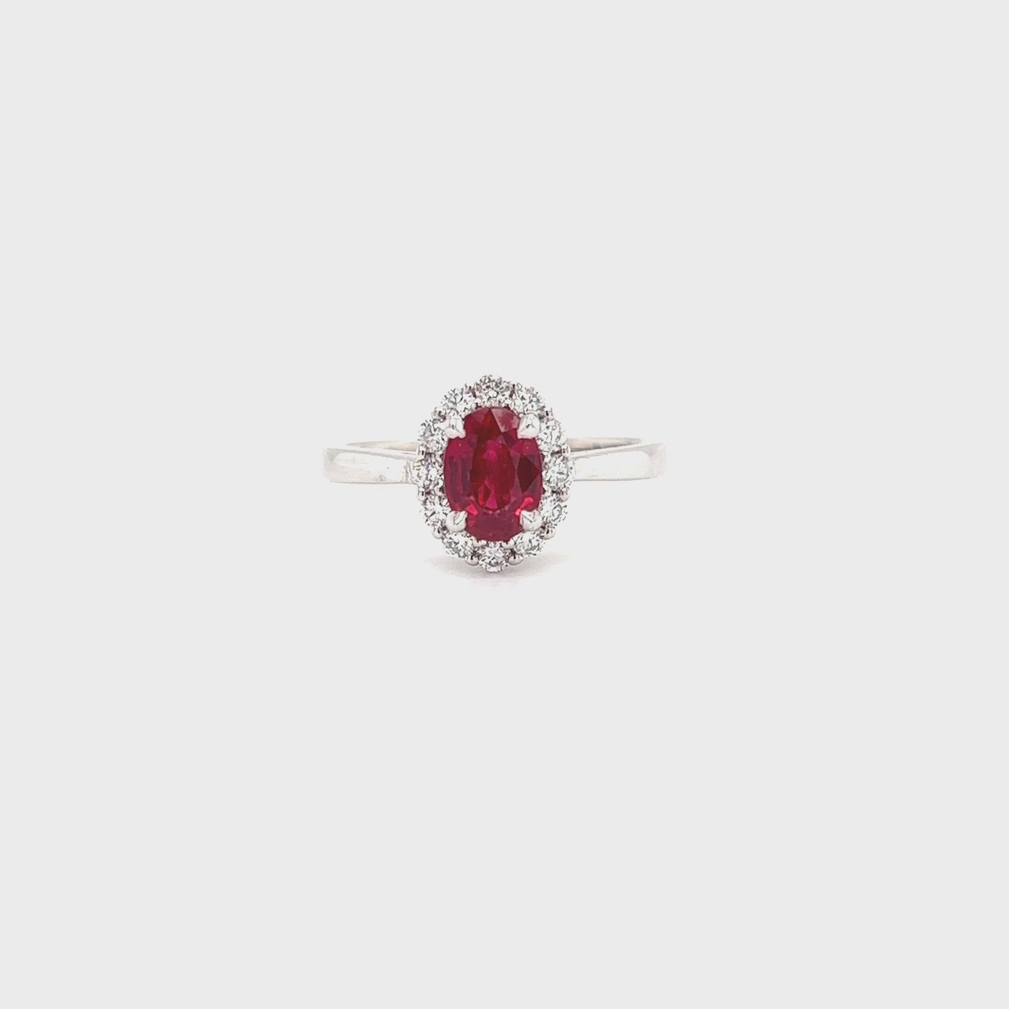 Oval Ruby Ring with Diamond Halo in 14K White Gold Video