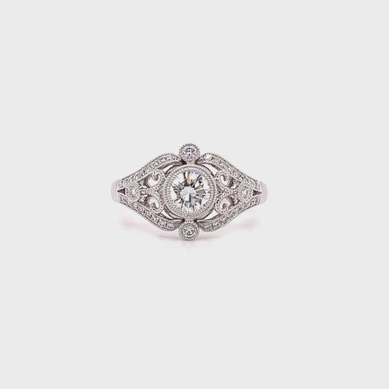 Round Diamond Ring with Side Diamonds and Filigree in 14K White Gold Video