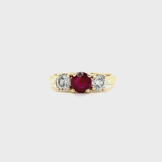 Round Ruby Ring with Two Side Diamonds in 14K Yellow Gold Video