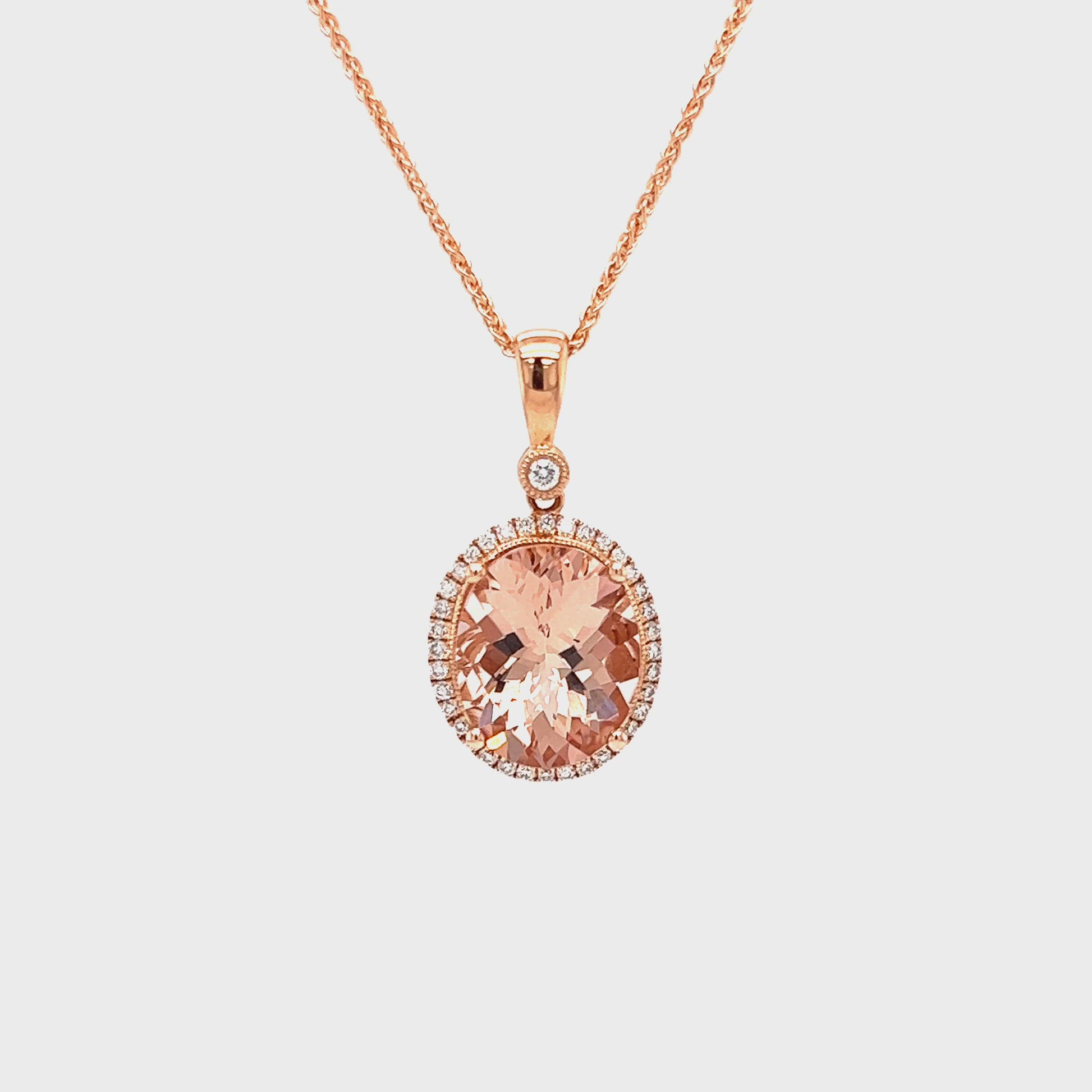 Oval Morganite Necklace with Diamond Halo in 14K Rose Gold Slow Video