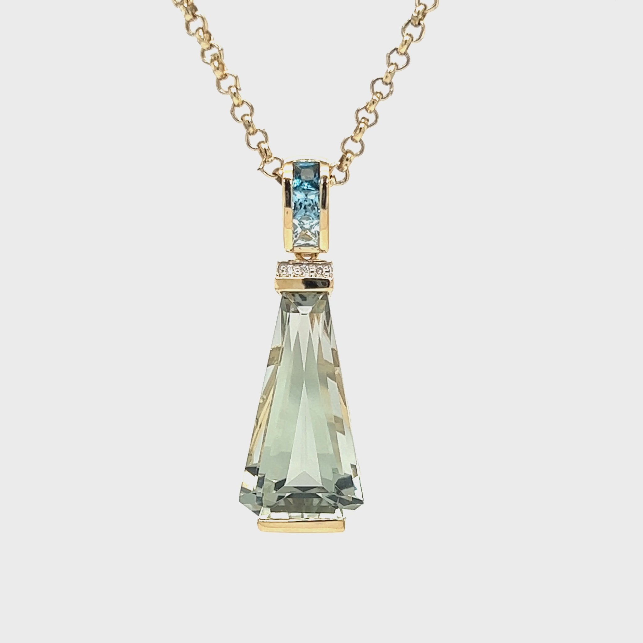 Green Amethyst Pendant with Blue Topaz and Diamonds in 14K Yellow Gold Video