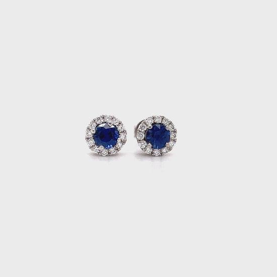 Blue Sapphire Stud Earrings with Diamond Halo in 14K White Gold Video