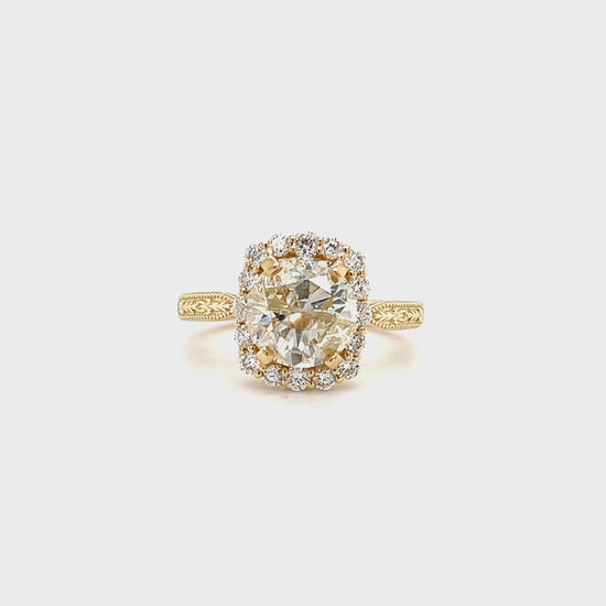 Round Diamond 2.68ct Ring with Diamond Halo in 18K and 14K Yellow Gold Video