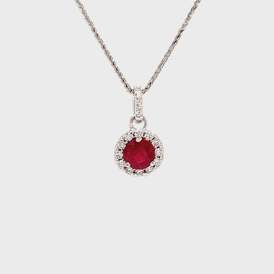 Round Ruby Pendant with Diamond Halo in 14K White Gold Video