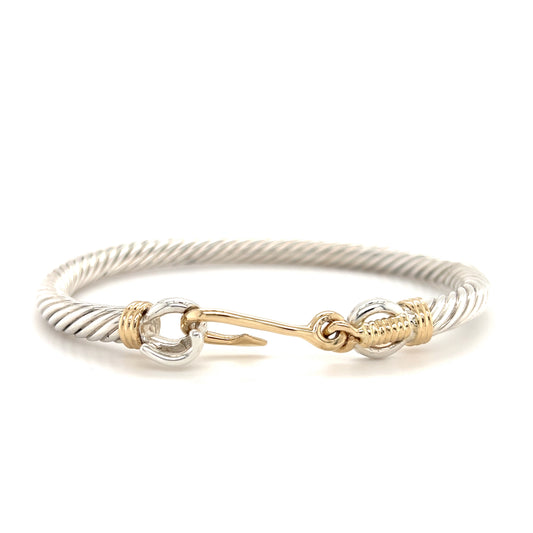 Fish Hook Cable Bangle Bracelet with 14K Wraps and Clasp in Sterling Silver Front Flat View