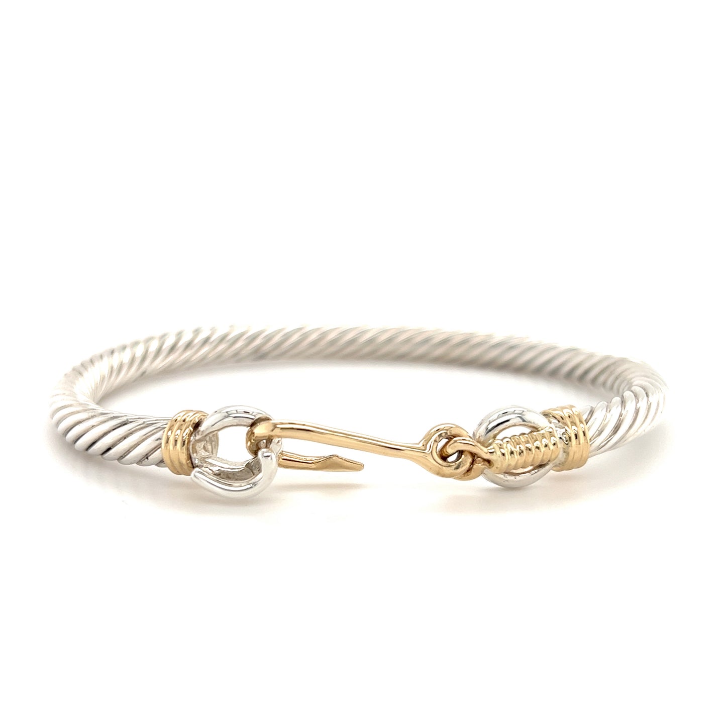 Fish Hook Cable Bangle Bracelet with 14K Wraps and Clasp in Sterling Silver Front View