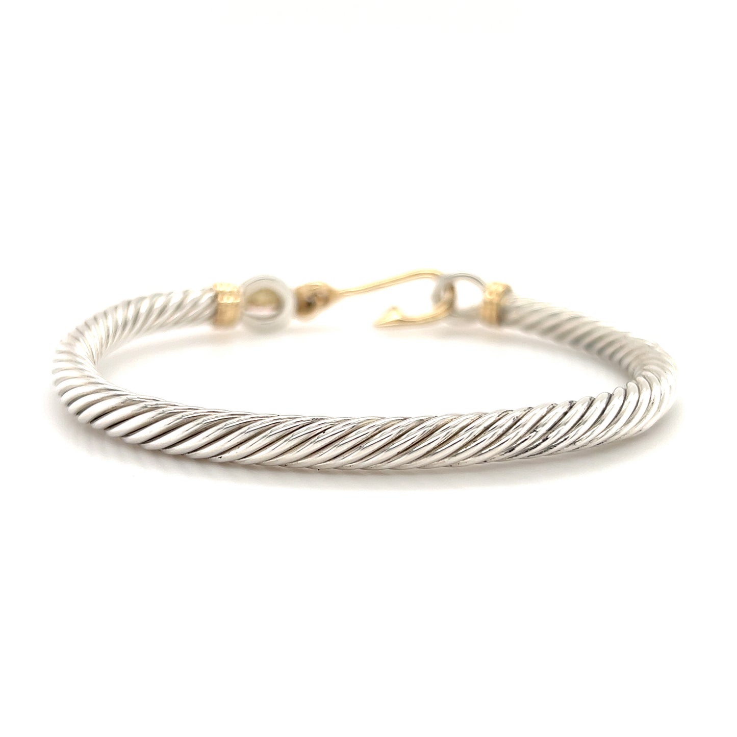 Fish Hook Cable Bangle Bracelet with 14K Wraps and Clasp in Sterling Silver Flat Back View