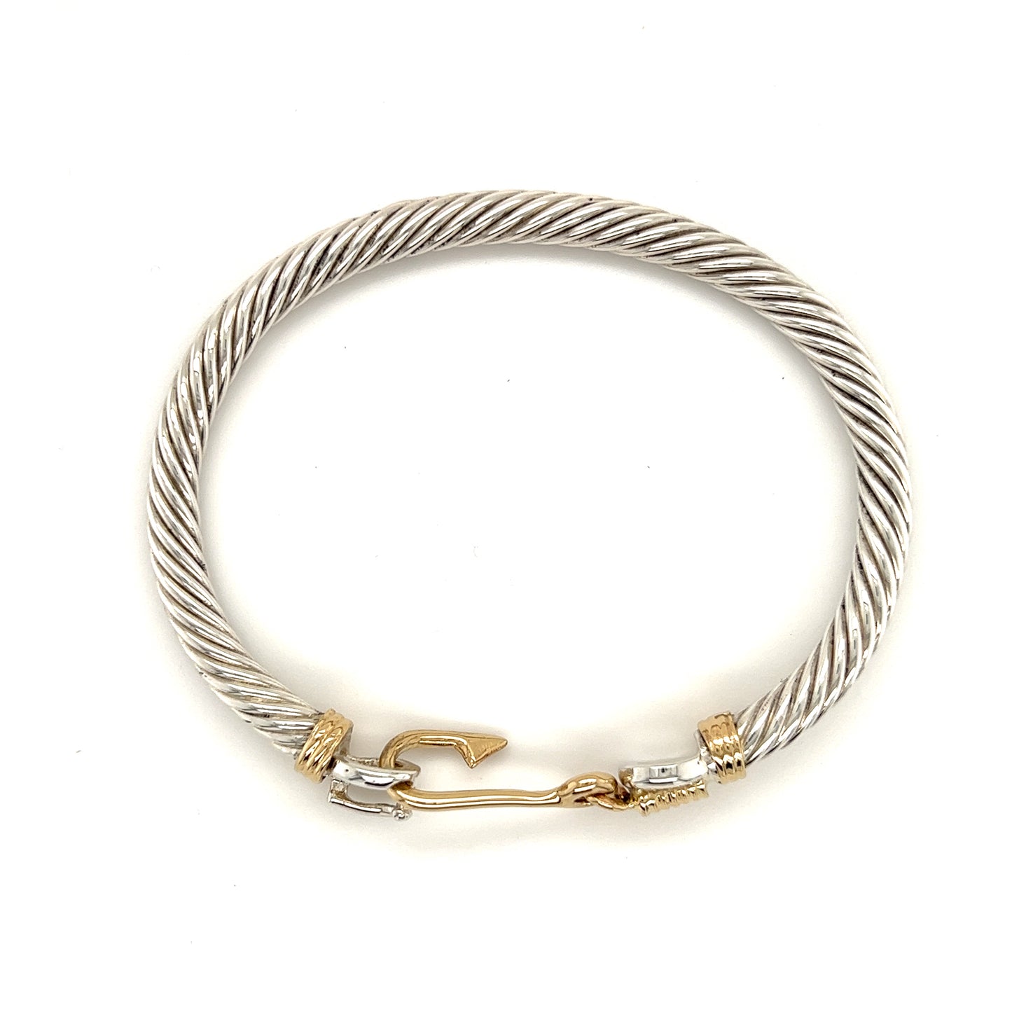 Fish Hook Cable Bangle Bracelet with 14K Wraps and Clasp in Sterling Silver Top View