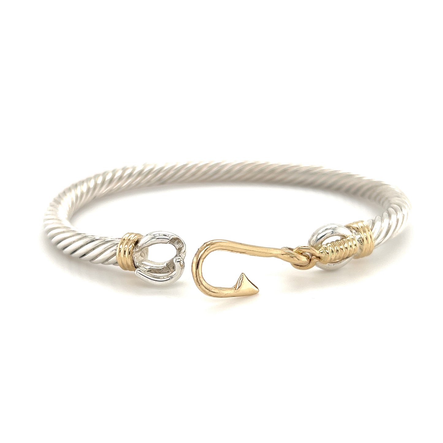 Fish Hook Cable Bangle Bracelet with 14K Wraps and Clasp in Sterling Silver Front with Open Hook