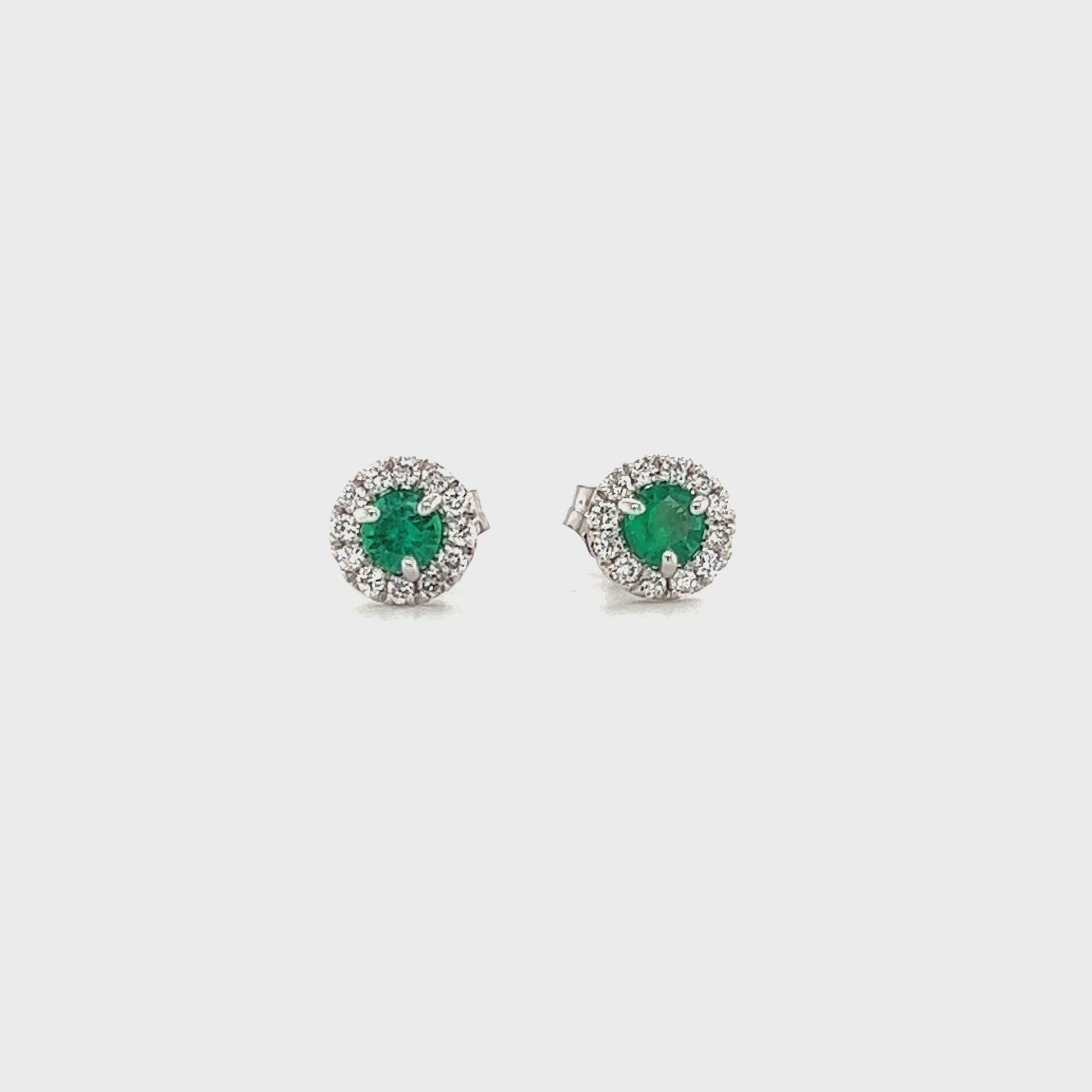 Round Emerald Stud Earrings with Diamond Halo in 14K White Gold Video