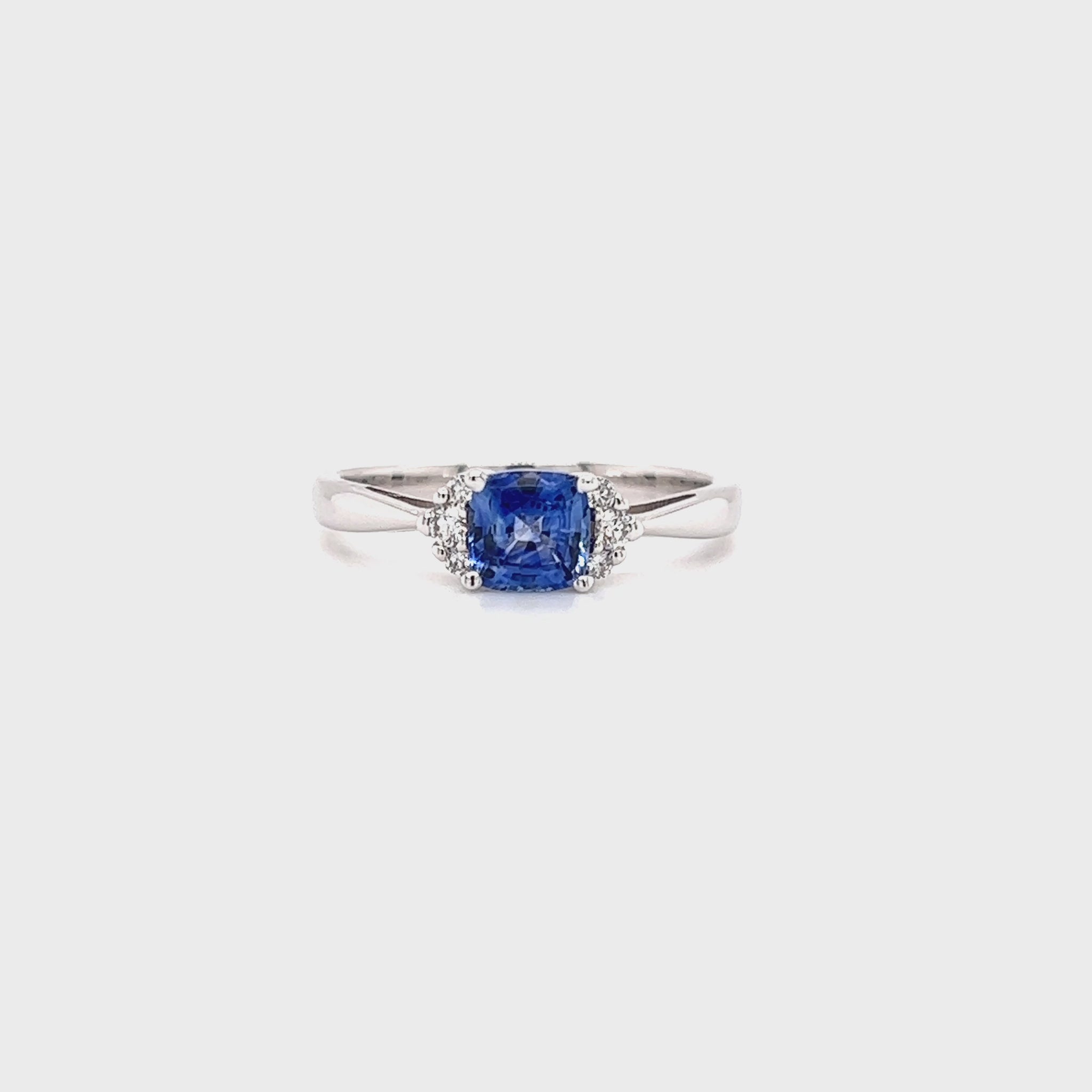 Cushion Sapphire Ring with Six Side Diamonds in 14K White Gold Video