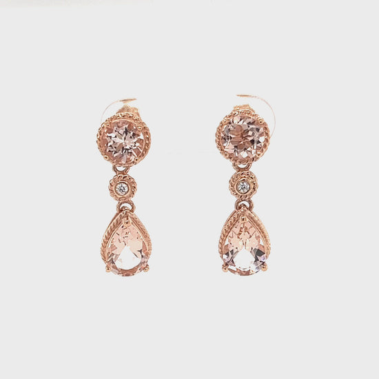 Morganite Dangle Earrings with a Round Bezel Diamond in 14K Rose Gold Video