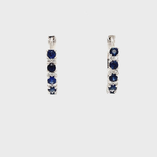 Sapphire Hoop Earrings with Eight Round Diamonds in 14K White Gold Video