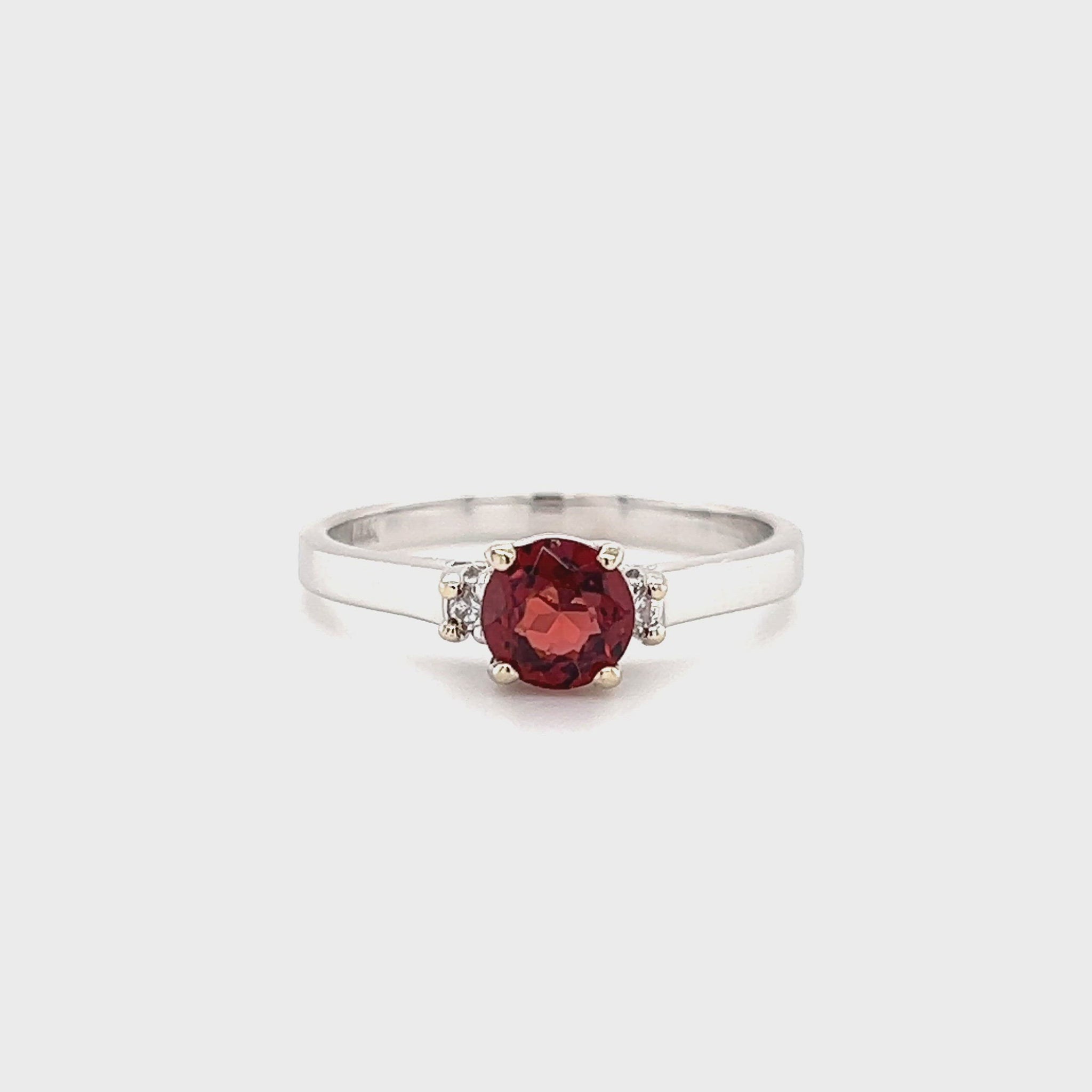 Round Garnet Ring with Two Side Round Diamonds in 14K White Gold Video