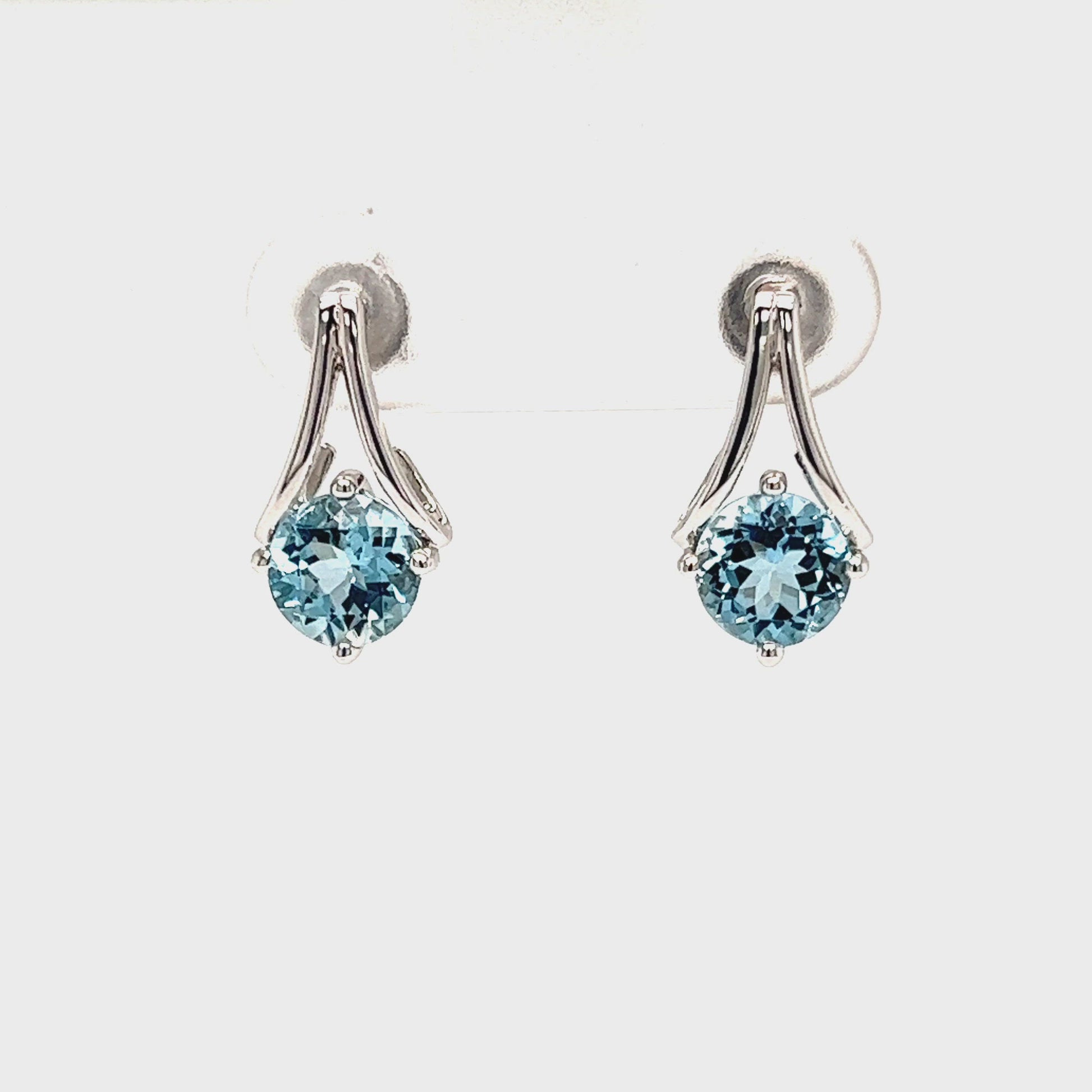 Round Aquamarine Earrings with V-Shaped Bars in 14K White Gold Video