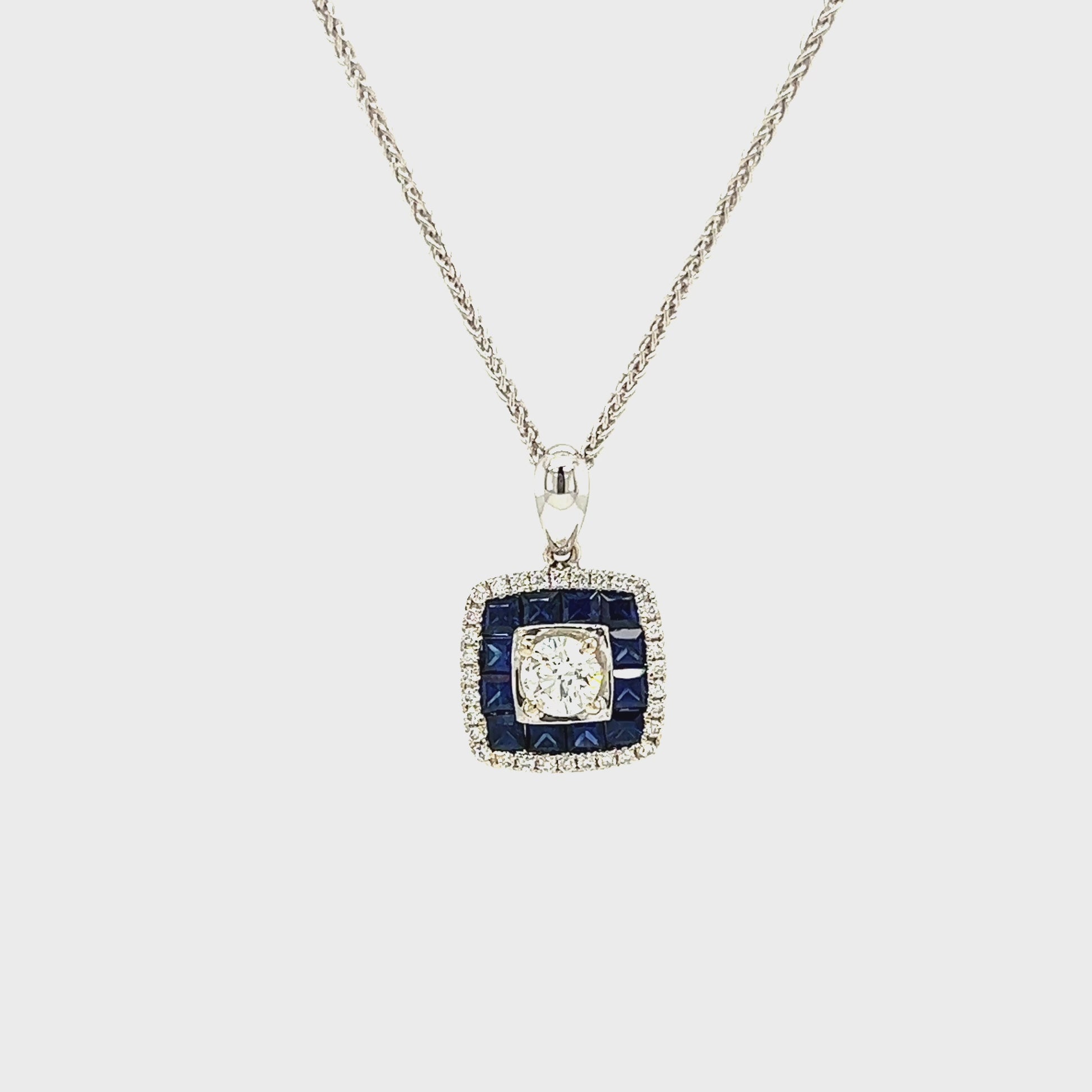 Round Diamond Necklace with Thirty-Two Accent Diamonds and Twelve Ceylon Sapphires in 14K and 10K White Gold Video.