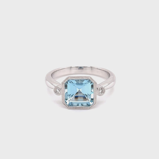 Asscher Aquamarine Ring with Two Side Diamonds in 14K White GoldVideo