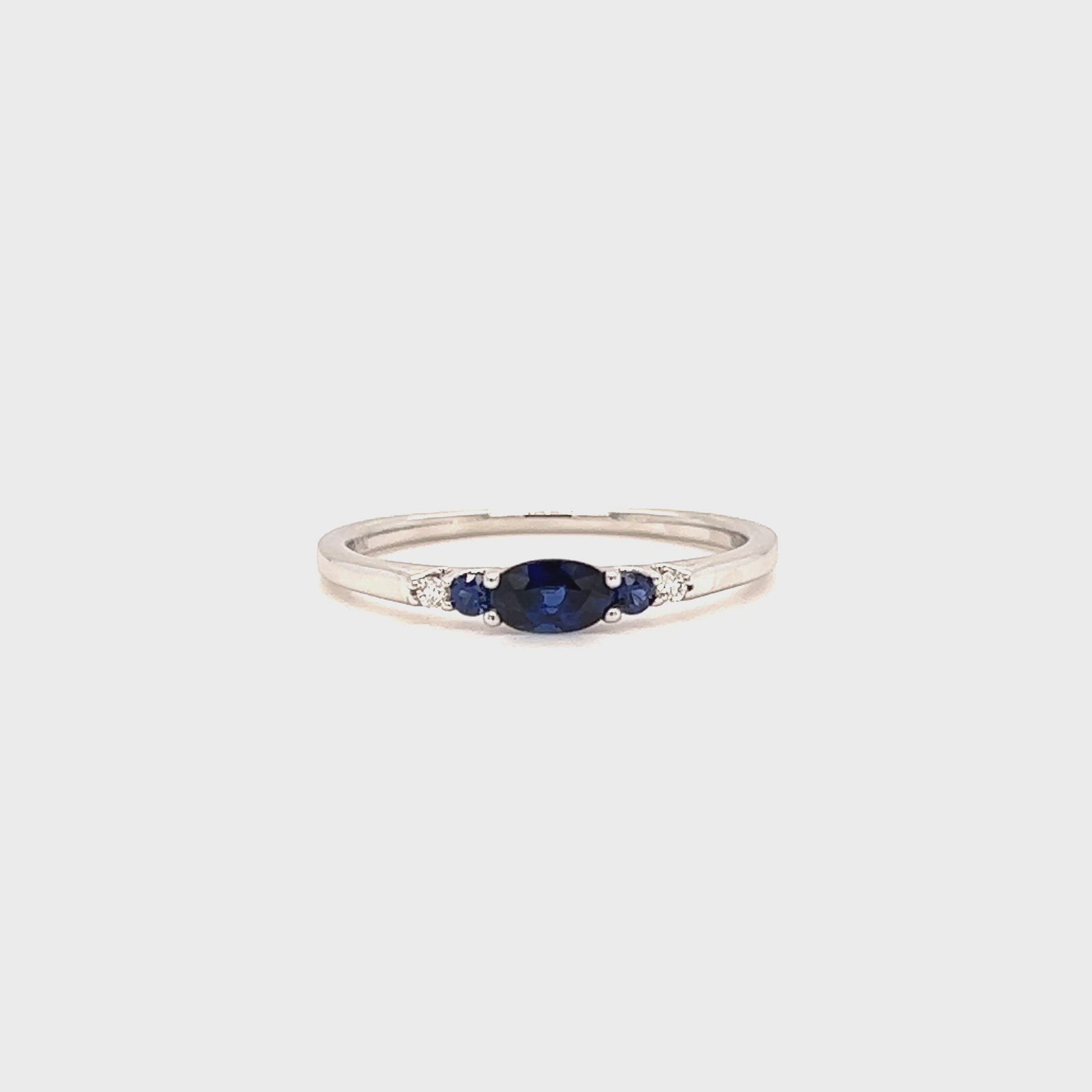 Oval Sapphire Ring with Two Side Sapphires and Diamonds in 18K White Gold Video