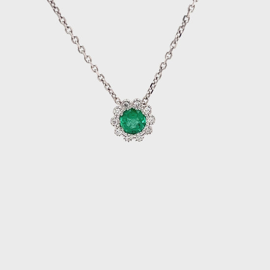 Floral Emerald Pendant with Diamond Halo in 14K White Gold Video