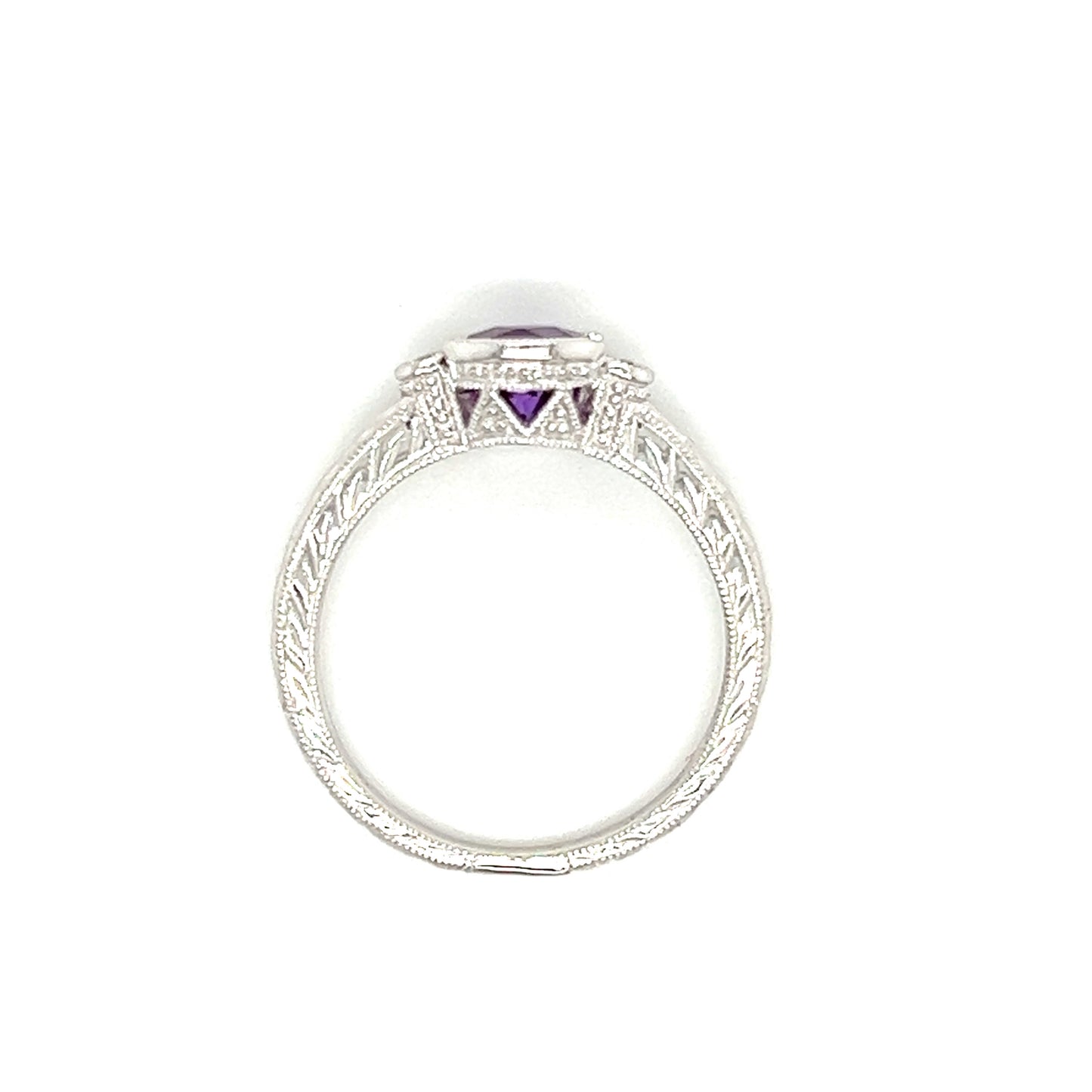 Amethyst Engraved Ring with Two Side Diamonds in 14K White Gold Top View