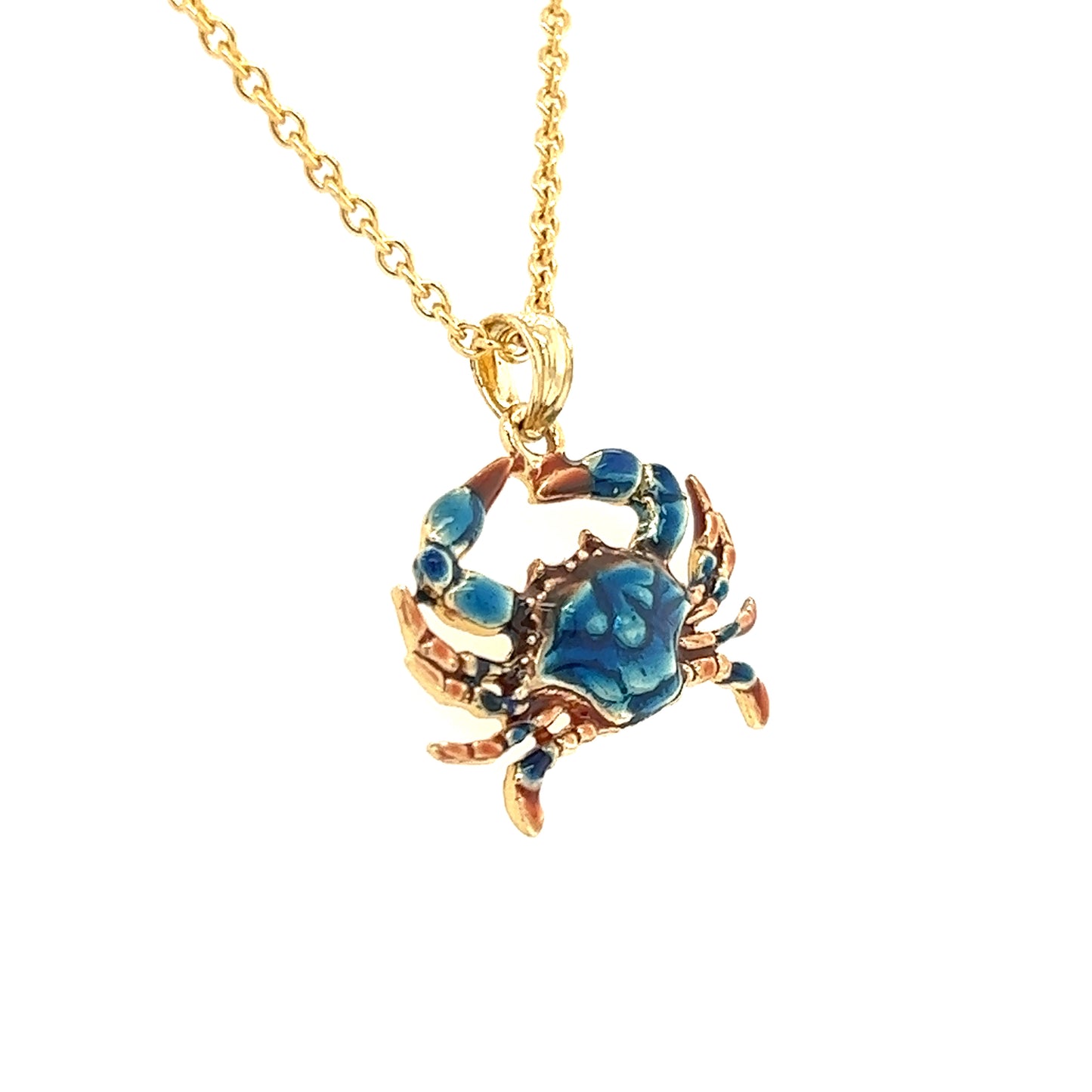 Blue Crab Small Pendant with Enamel in 14K Yellow Gold Pendant and Chain Left Side View