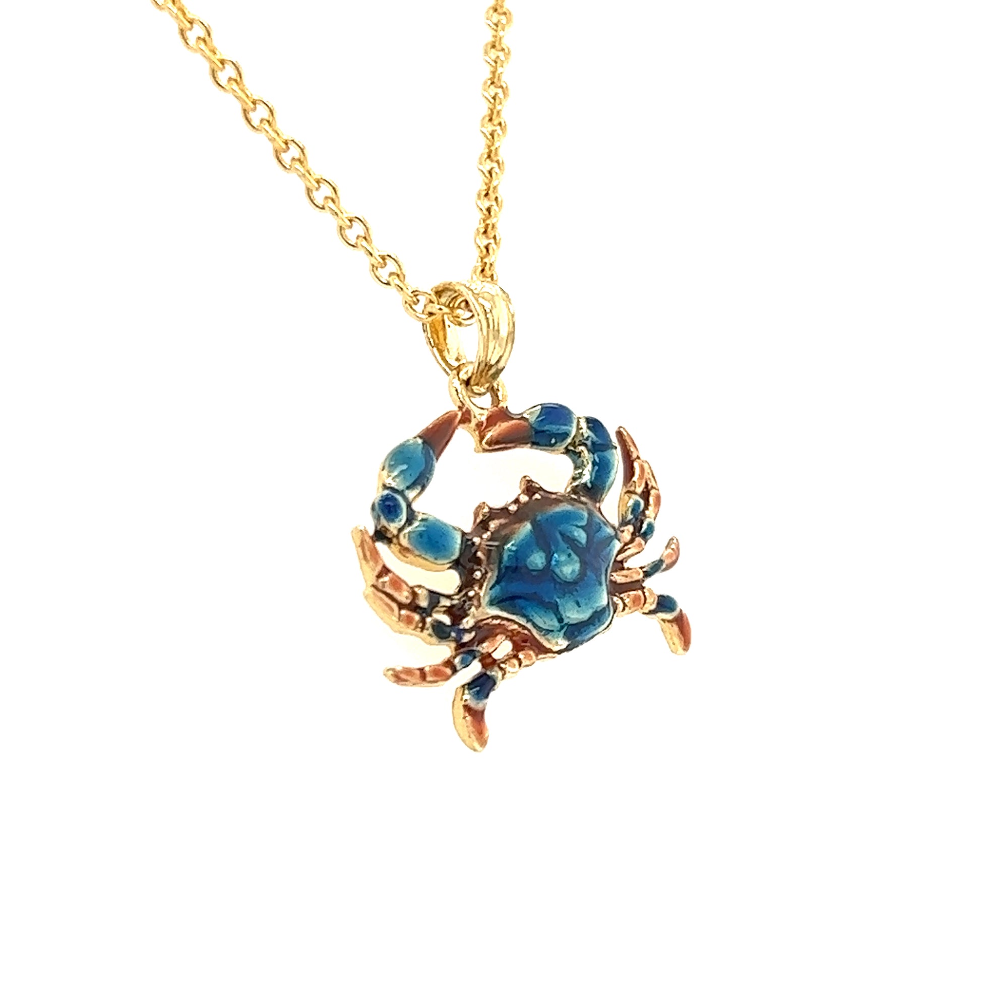 Blue Crab Small Pendant with Enamel in 14K Yellow Gold Pendant and Chain Left Side View