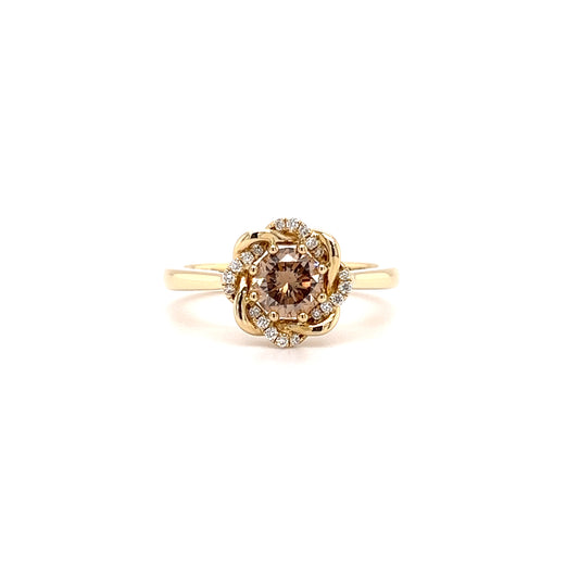 Brown Diamond Ring with Twisted Diamond Halo in 14K Yellow Gold Front View