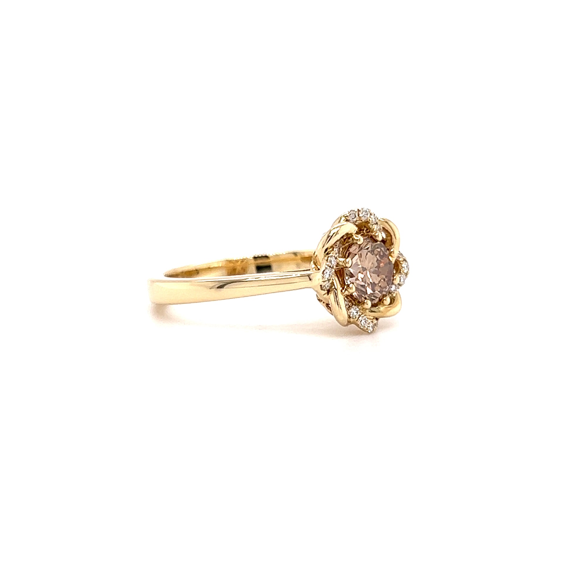 Brown Diamond Ring with Twisted Diamond Halo in 14K Yellow Gold Left Side View