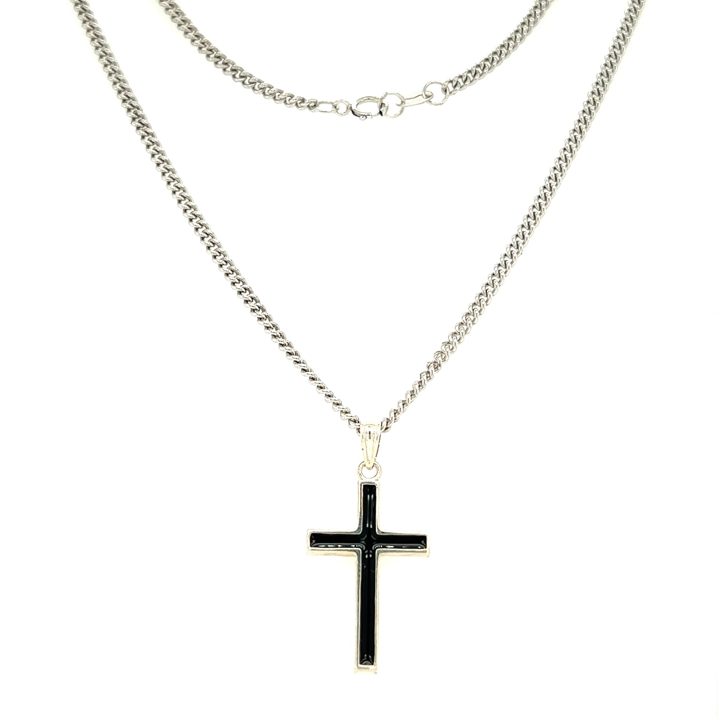 Cross Necklace with Black Epoxy in Sterling Silver. Full Necklace Front View