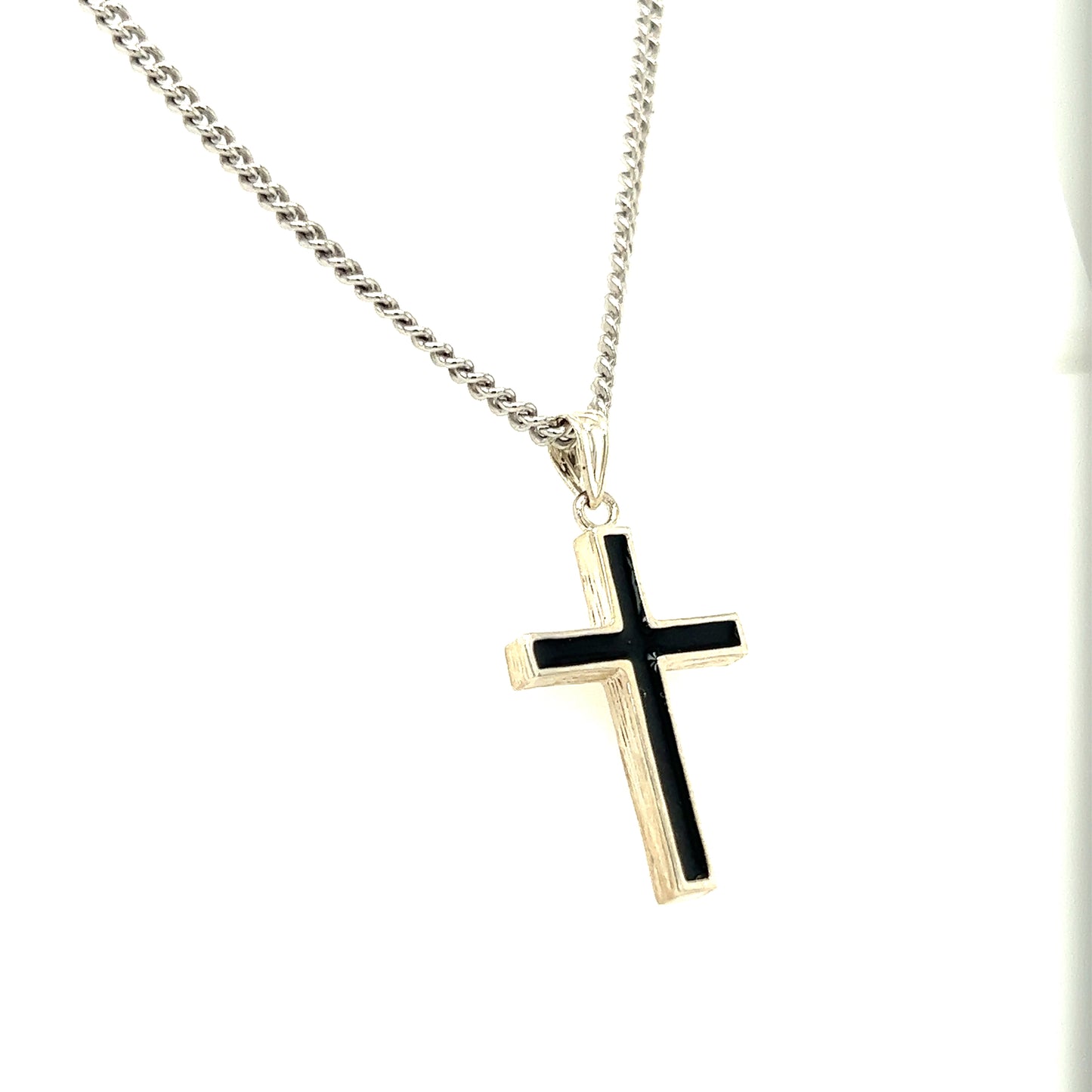 Cross Necklace with Black Epoxy in Sterling Silver. Left Side View