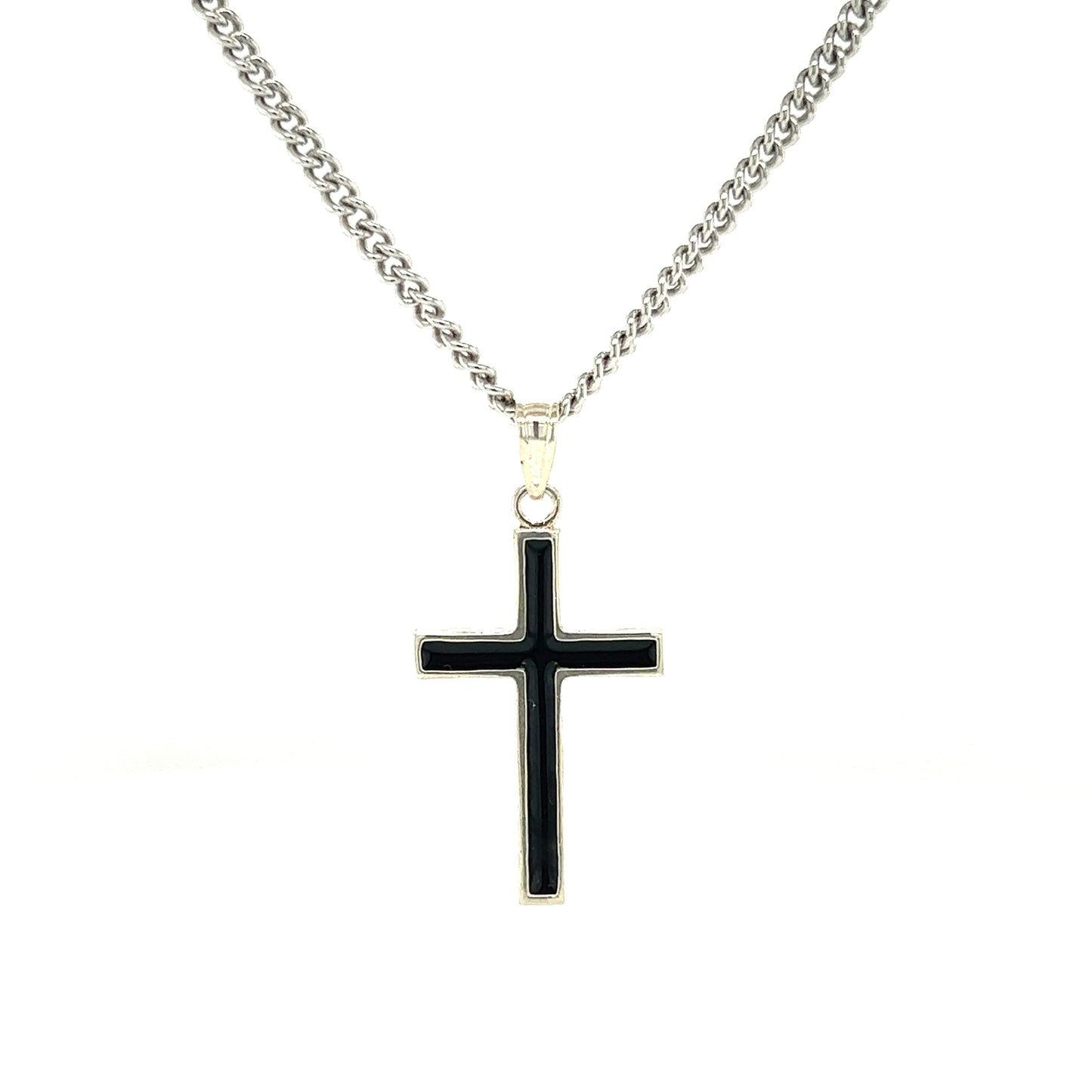 Cross Necklace with Black Epoxy in Sterling Silver. Necklace Front View