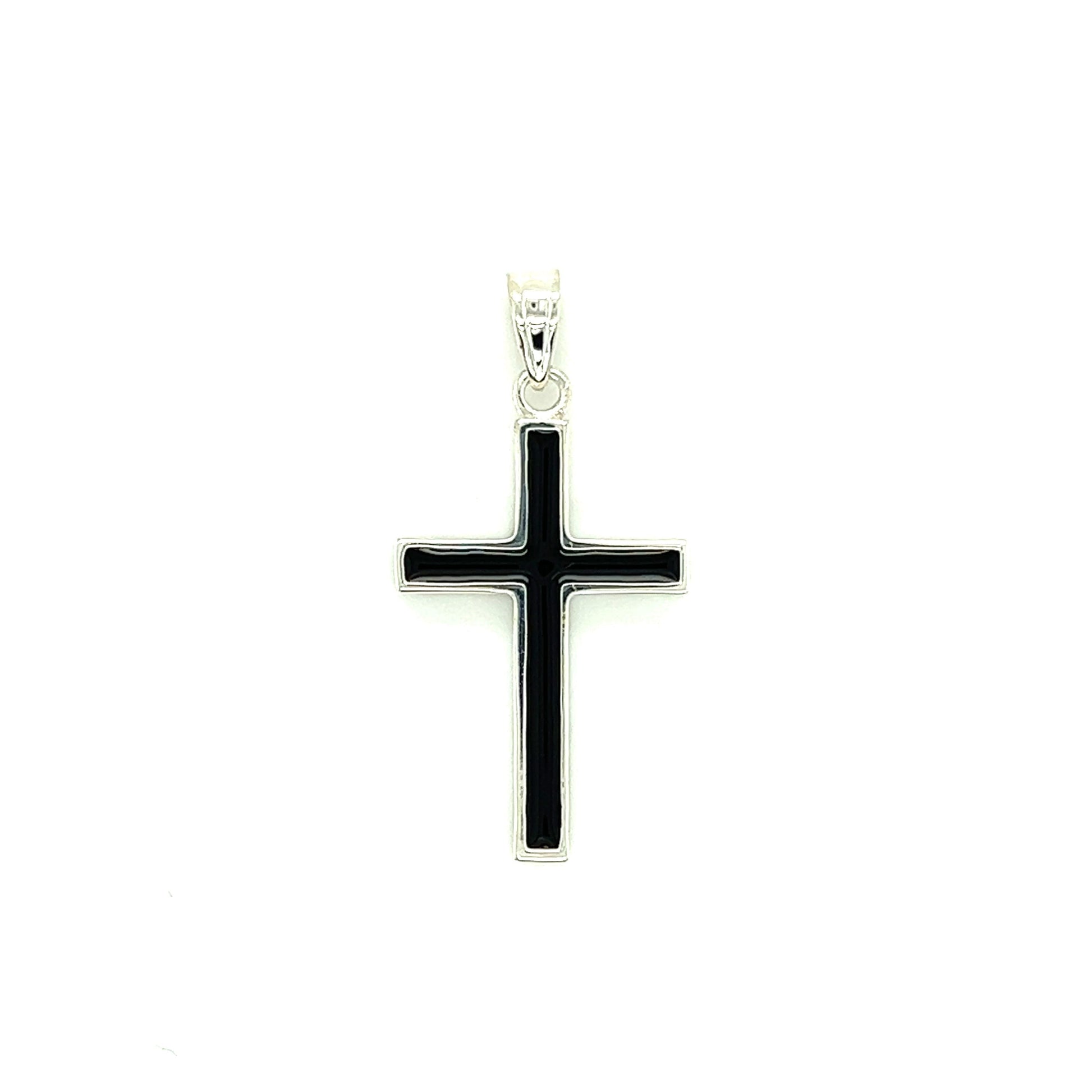 Cross Necklace with Black Epoxy in Sterling Silver. Pendant Front View