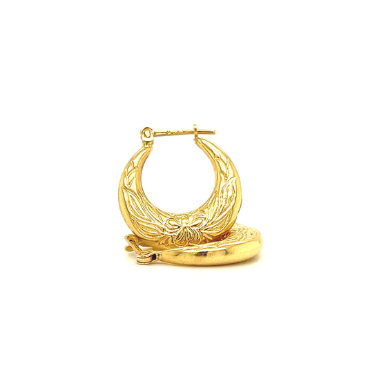 Hoop 18mm Earrings with Flower Engraving in 14K Yellow Gold Front and Side View
