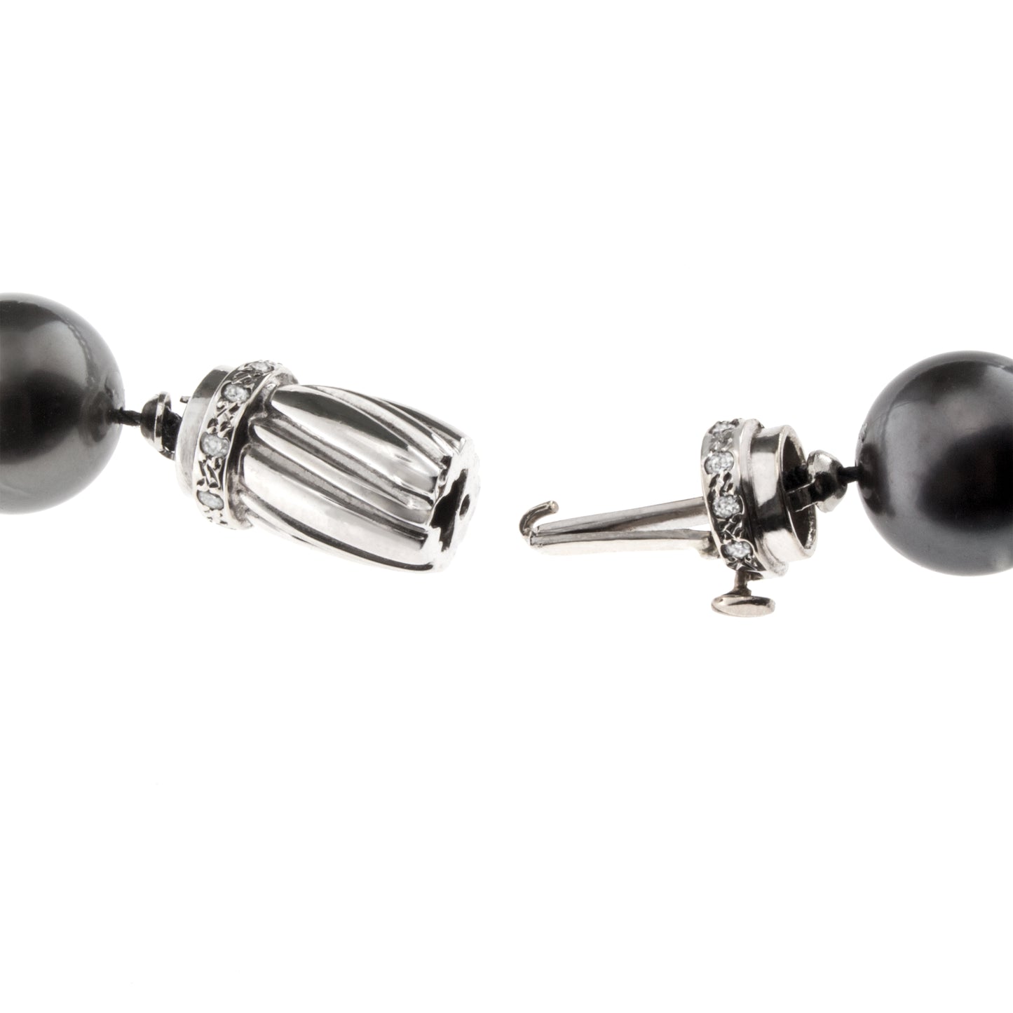 Tahitian Black Pearl Necklace with Four Diamond Rondelle and 14K White Gold Catch. Catch View