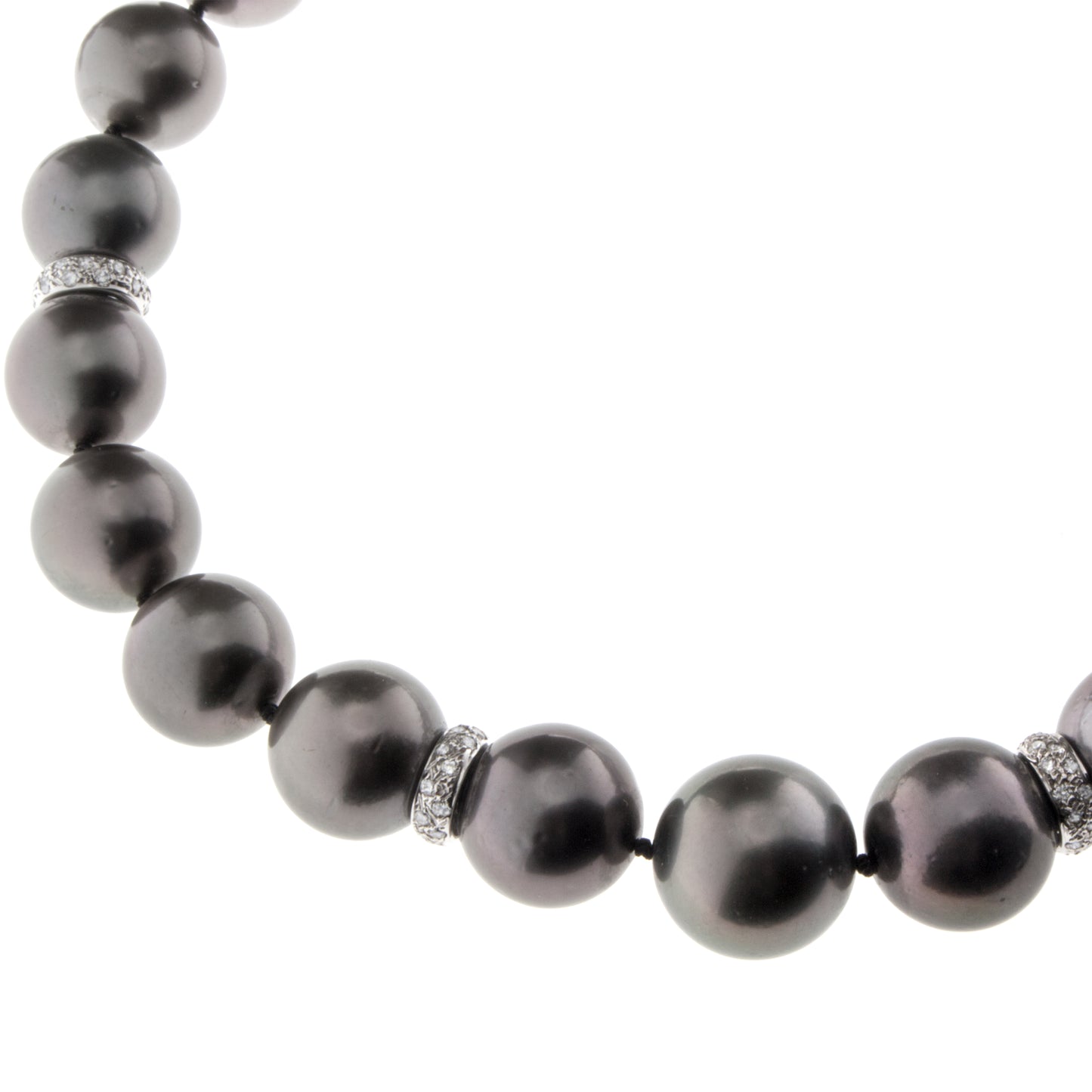 Tahitian Black Pearl Necklace with Four Diamond Rondelle and 14K White Gold Catch. Pearl and Rondelle Closed View