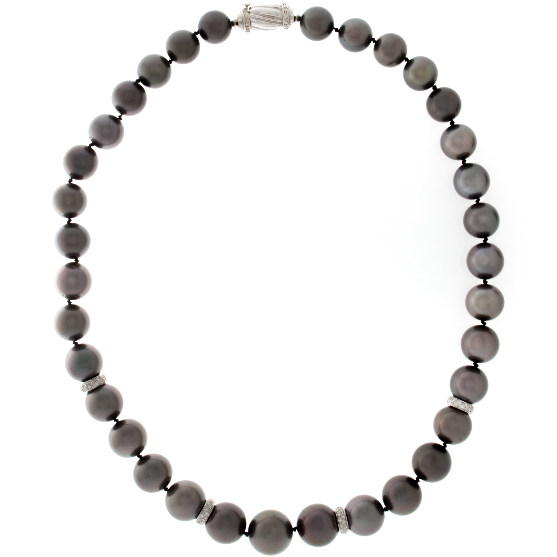 Tahitian Black Pearl Necklace with Four Diamond Rondelle and 14K White Gold Catch. Full Necklace View