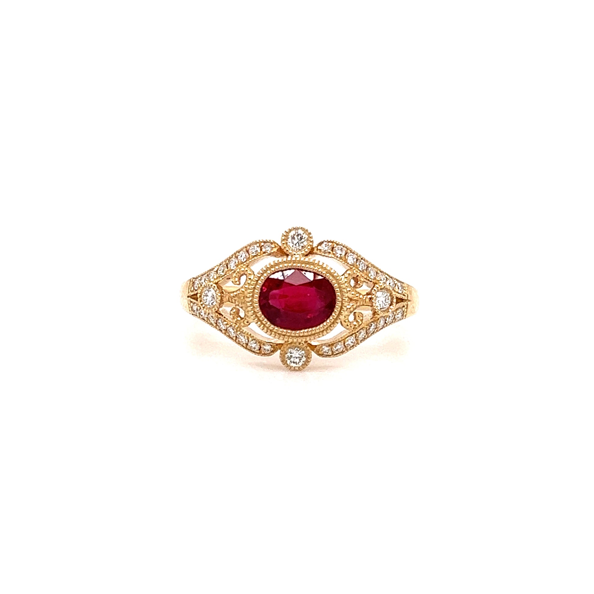 Oval Ruby Ring with Side Diamonds and Filigree in 14K Yellow Gold Front View