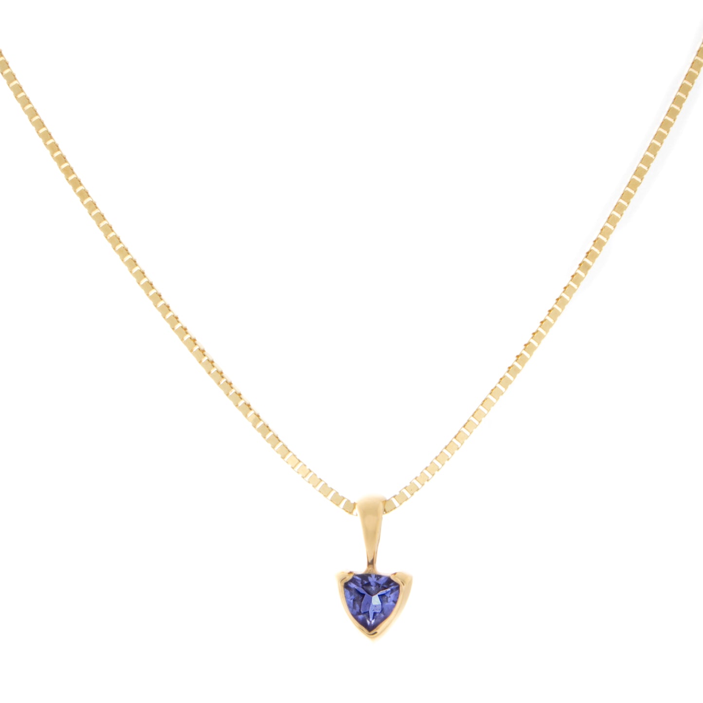 Trillion Tanzanite Pendant in 14K Yellow Gold Front with Box Chain