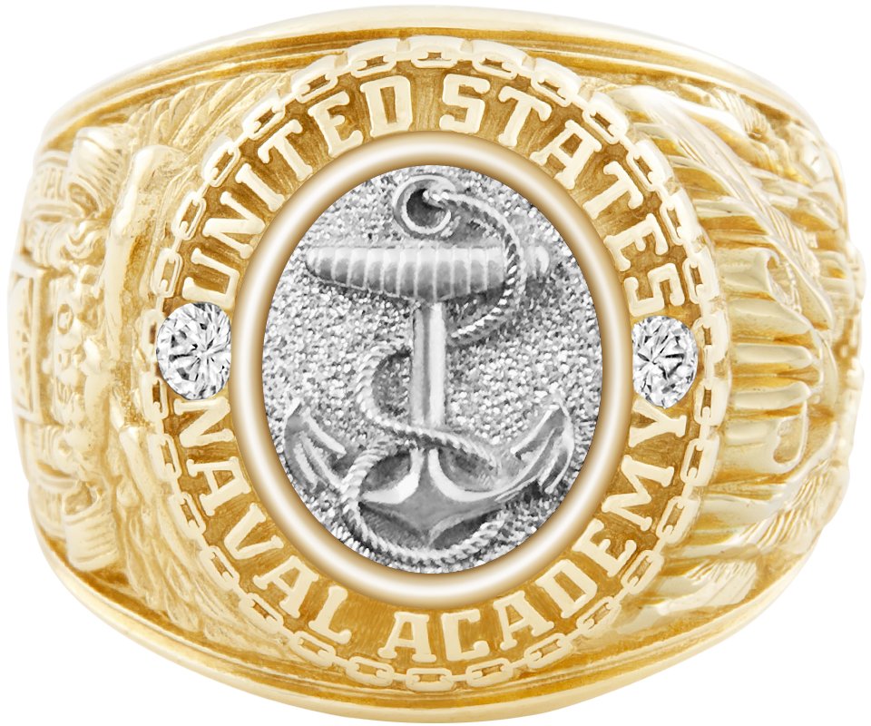 USNA Class Ring Mod Anchors Aweigh Centerpiece White Gold or Platinum and Diamond Dividers