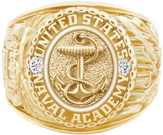 USNA Class Ring Mod Anchors Aweigh Centerpiece Yellow Gold Diamond Dividers