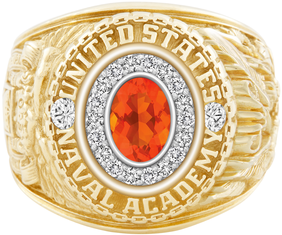 USNA Class Ring Mod Pro M18 Mexican Fire Opal Diamond Dividers