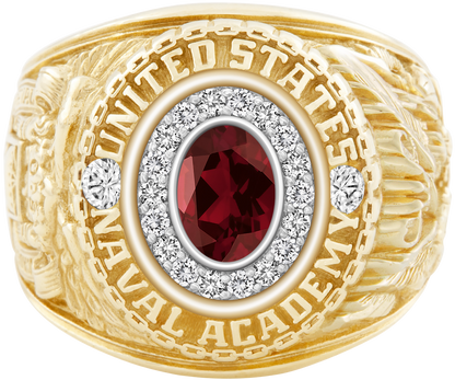 USNA Class Ring Mod Pro M18 Mozambique Garnet Diamond Dividers