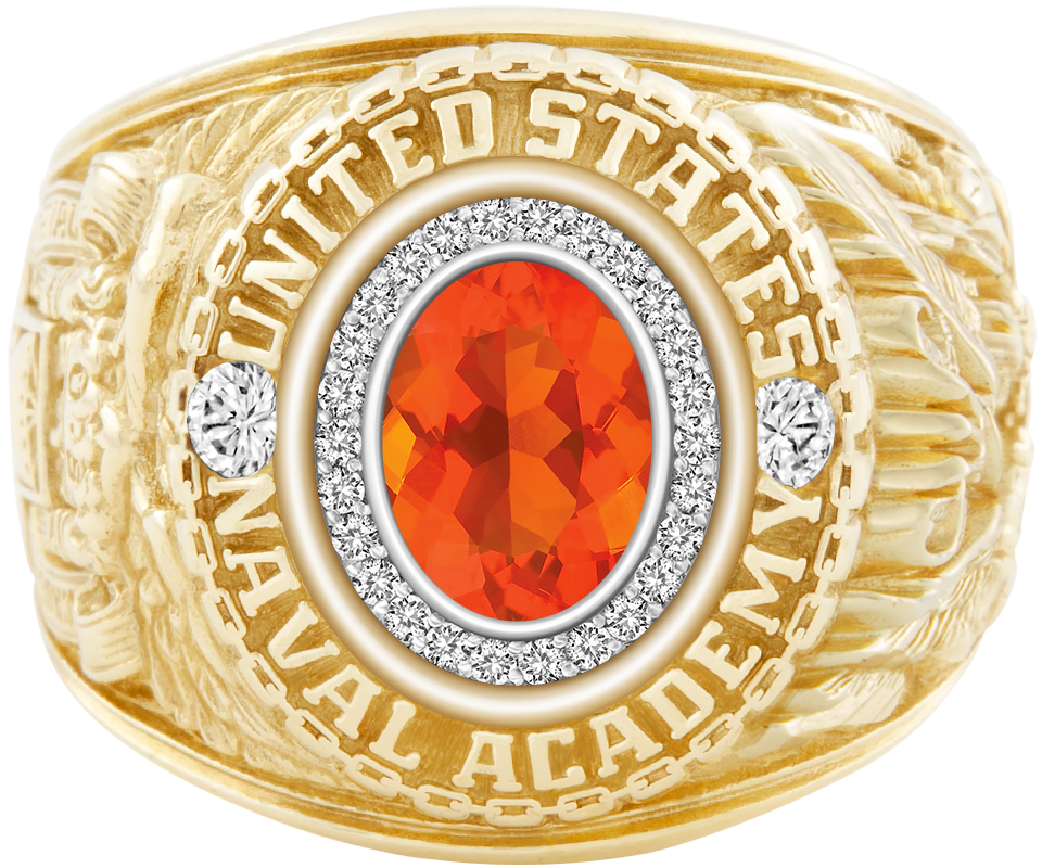 USNA Class Ring Mod Pro M26 Mexican Fire Opal Diamond Dividers