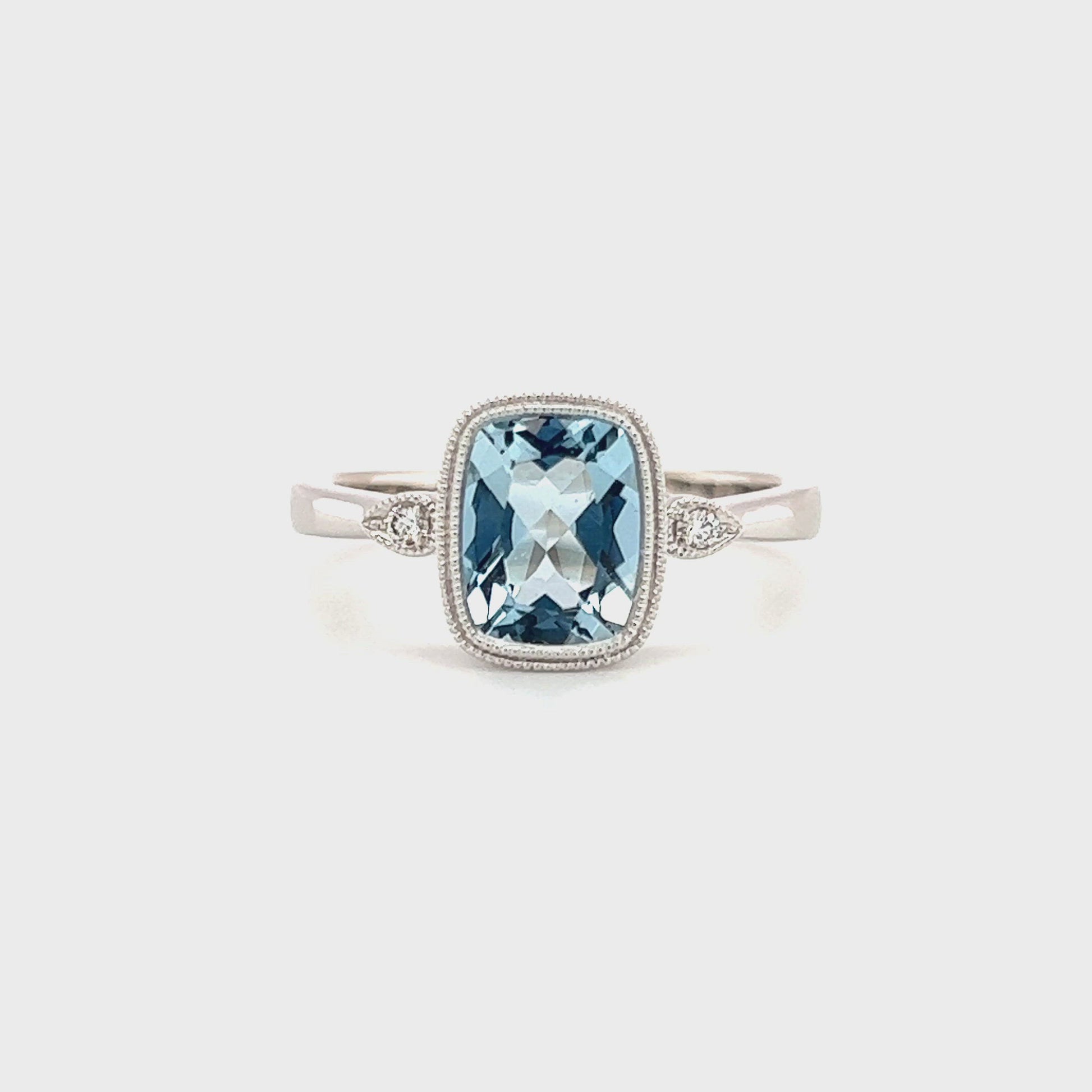 Cushion Aquamarine Ring with Side Diamonds and Milgrain in 14K White Gold Video