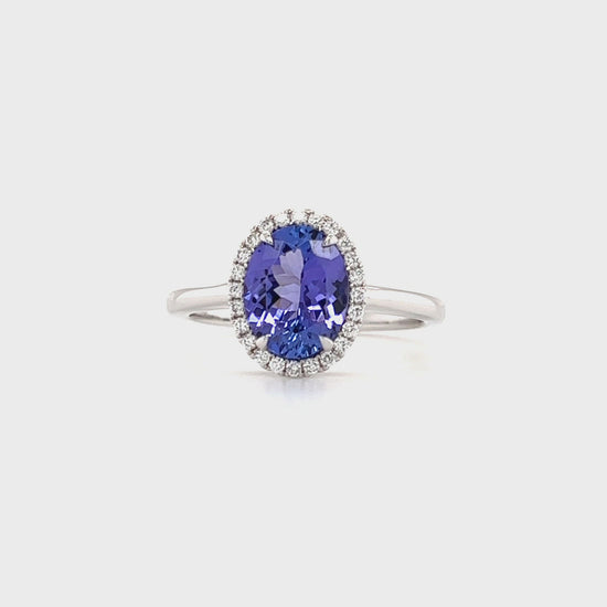 Oval Tanzanite Ring with 1.75ctw of Tanzanite and Diamond Halo in 14K White Gold Video