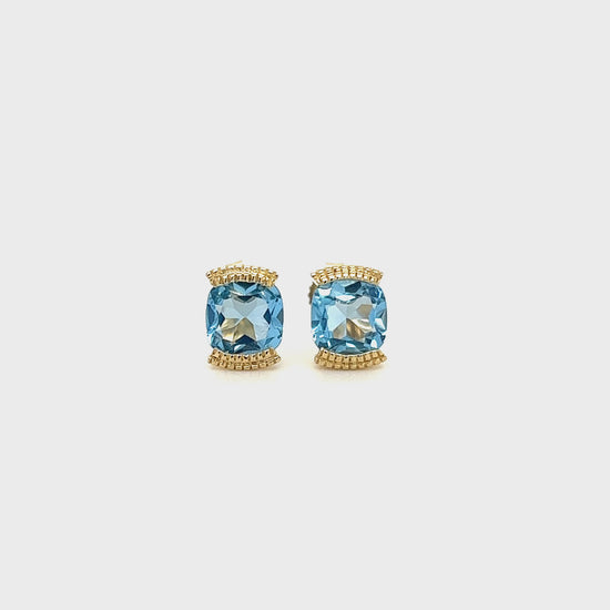 Cushion Blue Topaz Stud Earrings with 1.78ctw of Swiss Blue Topaz in 14K Yellow Gold Video