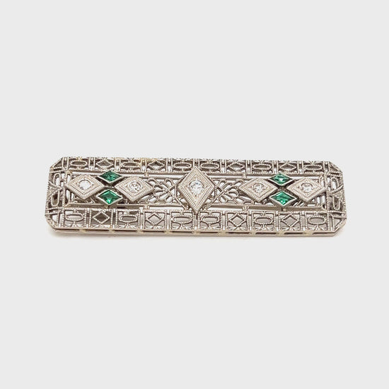 Vintage Diamond Pin With Four Emeralds in 14K White Gold Video