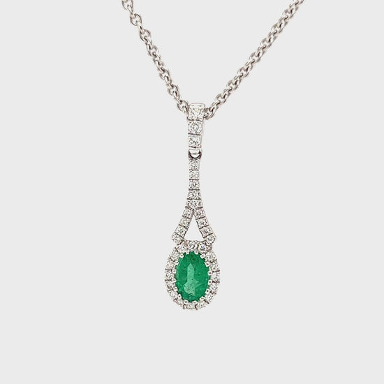 Oval Emerald Pendant with 32 Diamonds in 18K White Gold Video