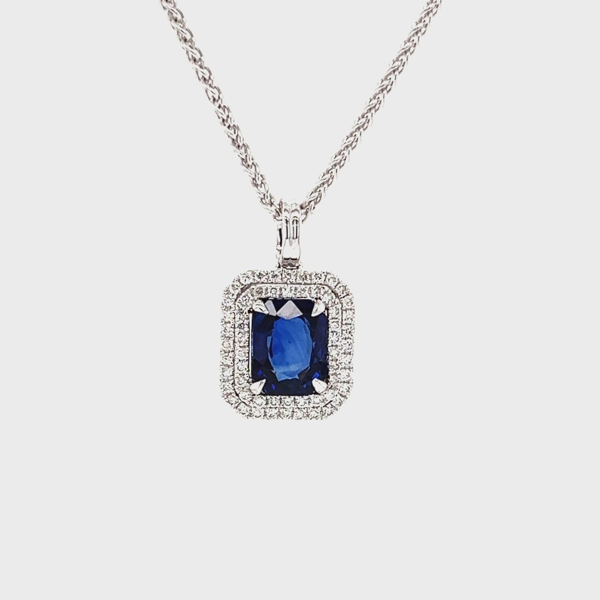 Cushion Sapphire Pendant with Double Diamond Halo in 18K White Gold Video